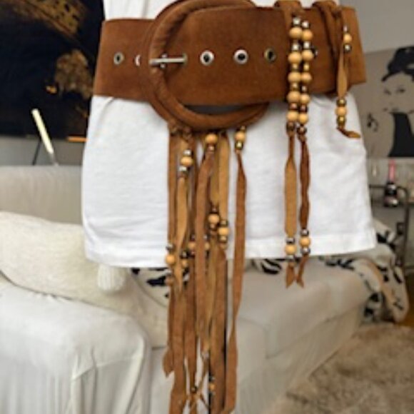 Vintage Tan suede Fringe wide belt - Picture 3 of 5